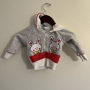 Vintage 80s Doe Spun Bunny Easter Embroidered Zip Up Hoodie- Size 6/9 M